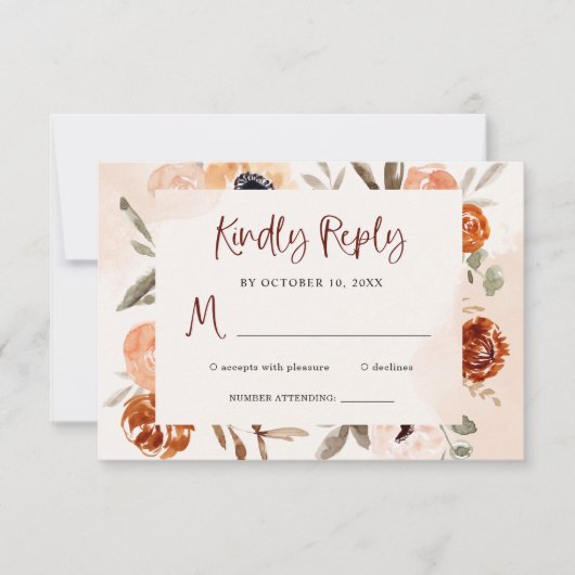 Rustic Oranje Boho | Waterverf Blush Bruiloft RSVP Kaartje (Voorkant)