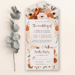 Rustic Oranje Boho | Waterverf Blush Wedding All In One Uitnodiging<br><div class="desc">Deze prachtige en romantische all-in-one trouwuitnodigingen zijn voorzien van trendy boho stijl en elegante bogundy kalligrafie. Rustige bohemiene bouquets van sinaasappel,  perziken,  brij en taupe bloemen en neutrale botanische bladeren versieren de hoeken,  met bijbehorende subtiele waterverven op een zachte,  zwarte achtergrond.</div>