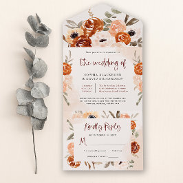 Rustic Oranje Boho | Waterverf Blush Wedding All In One Uitnodiging