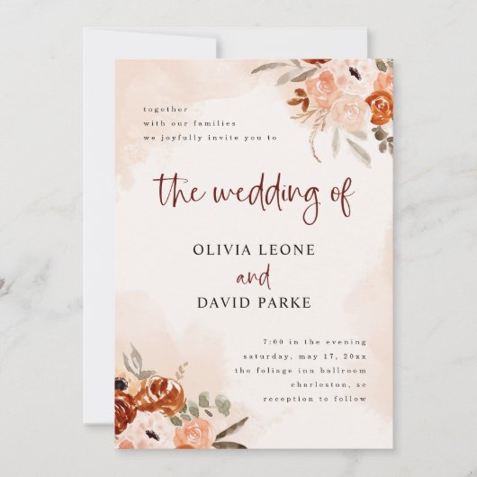 Rustic Oranje Boho | Waterverf Blush Wedding Kaart (Voorkant)