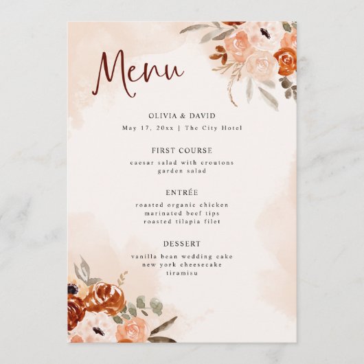 Rustic Oranje Boho | Waterverf Blush Wedding Menu (Voorkant)