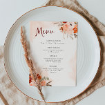 Rustic Oranje Boho | Waterverf Blush Wedding Menu<br><div class="desc">Deze prachtige en romantische trouwmenu's zijn voorzien van trendy boho stijl en elegante bogundy kalligrafie. Rustige bohemiene bouquets van sinaasappel,  perziken,  brij en taupe bloemen en neutrale botanische bladeren versieren de hoeken,  met bijbehorende subtiele waterverven op een zachte,  zwarte achtergrond.</div>