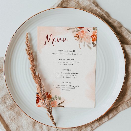 Rustic Oranje Boho | Waterverf Blush Wedding Menu