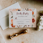 Rustic Oranje Boho | Waterverf Blush Wedding RSVP Kaartje<br><div class="desc">Deze prachtige en romantische RSVP-trouwkaarten zijn voorzien van trendy boho-stijl en elegante bogundy-kalligrafie. Een bijtend boze lijst van oranje,  perzik,  brij en taupe bloemen en neutrale botanische bladeren versiert het centrum,  met bijpassende subtiele waterverf die op een zachte,  zwarte achtergrond rondzweeft.</div>