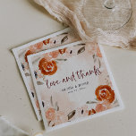 Rustic Oranje Boho | Waterverf Blush Wedding Servet<br><div class="desc">Deze mooie en romantische bruiloft of vrijgezellenfeest luiers zijn voorzien van trendy boho stijl en elegante bogundy kalligrafie die zegt: "liefde en bedankt". Rustige bohemiene bouquets van sinaasappel,  perziken,  brij en taupe bloemen en neutrale botanische bladeren versieren het lijst,  met bijbehorende subtiele waterverven op een zachte,  zwarte achtergrond.</div>
