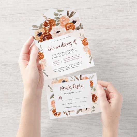 Rustic Oranje Boho | Waterverf White Wedding All In One Uitnodiging (Afscheurbaar)