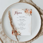Rustic Oranje Boho | Waterverf White Wedding Menu<br><div class="desc">Deze prachtige en romantische trouwmenu's zijn voorzien van trendy boho stijl en elegante bogundy kalligrafie. Rustige bohemiene bouquets van sinaasappel,  perziken,  brij en taupe bloemen en neutrale botanische bladeren versieren de hoeken,  met bijpassende subtiele waterverven op een witte achtergrond met zachte,  stompe waterverven.</div>