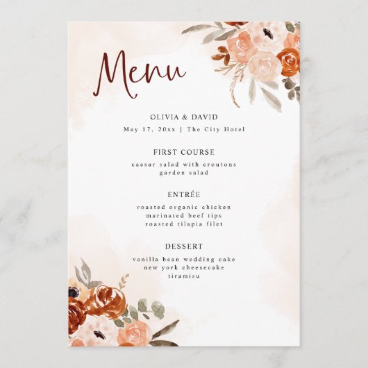 Rustic Oranje Boho | Waterverf White Wedding Menu (Voorkant)