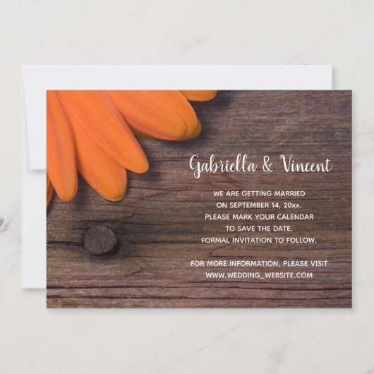Rustic Oranje Daisy Barn Wedding Save the Date (Voorkant)