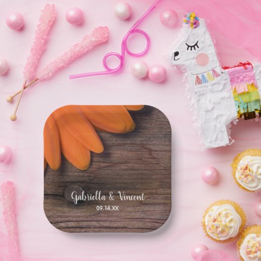 Rustic Oranje Daisy Barn Wood Country Weddenschap Papieren Bordje (Feest)