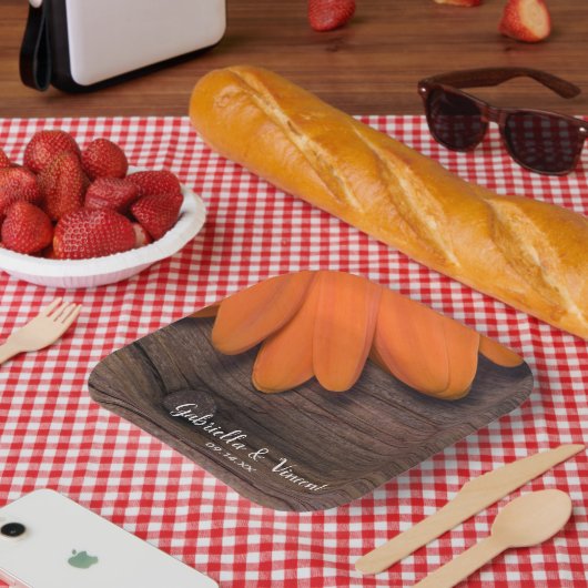 Rustic Oranje Daisy Barn Wood Country Weddenschap Papieren Bordje (Picknick)