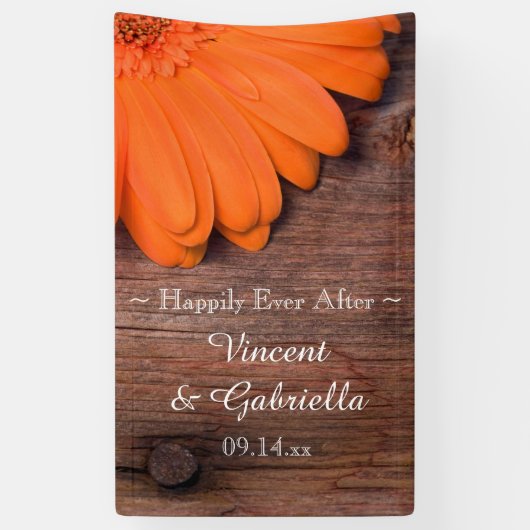Rustic Oranje Daisy en Barn Wood Country Wedding Spandoek (Verticaal)