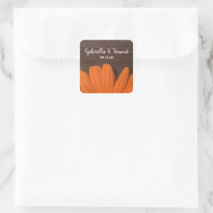 Rustic Oranje Daisy en Barn Wood Country Wedding Vierkante Sticker
