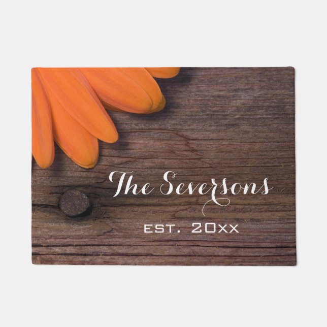 Rustic Oranje Daisy en Barn Wood Deurmat (Voorkant)