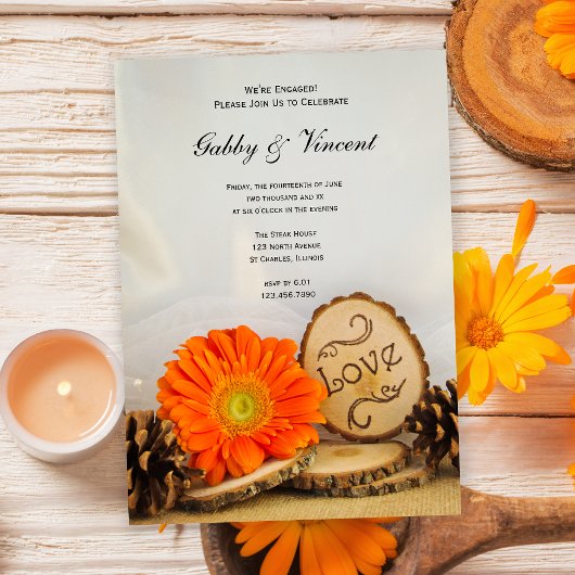 Rustic Oranje Daisy Woodland Engagement Party Kaart