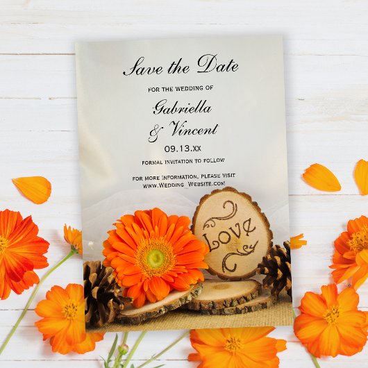 Rustic Oranje Daisy Woodland Wedding Save the Date Kaart