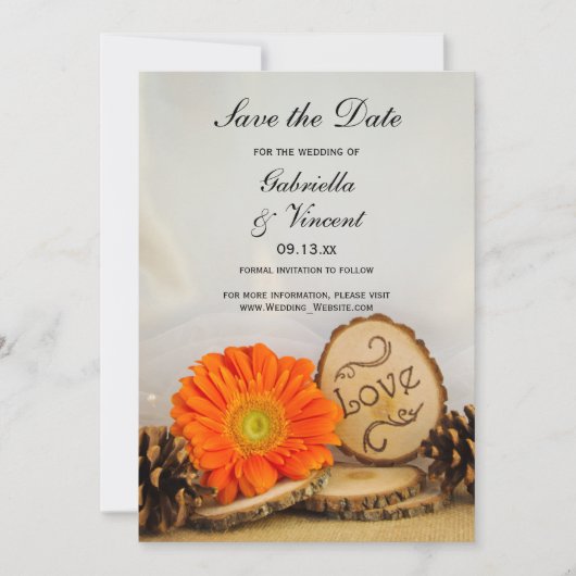 Rustic Oranje Daisy Woodland Wedding Save the Date Kaart (Voorkant)