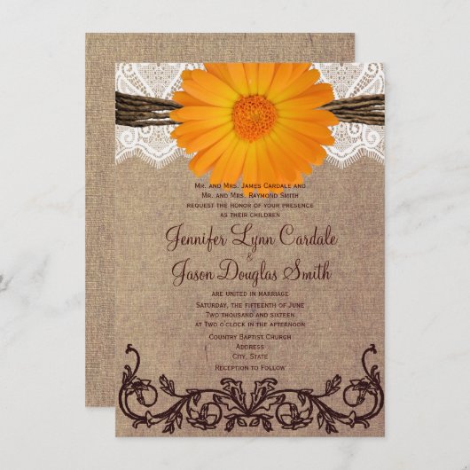 Rustic Oranje Gerber Daisy Lace Wedding Invitation Kaart (Voorkant / Achterkant)