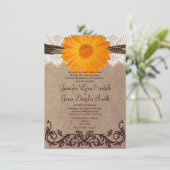 Rustic Oranje Gerber Daisy Lace Wedding Invitation Kaart (Staand voorkant)