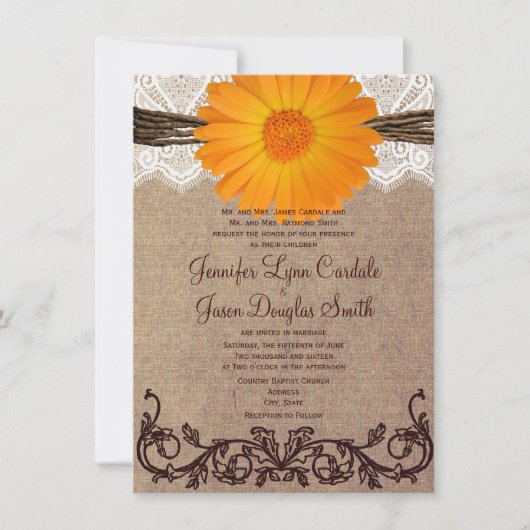 Rustic Oranje Gerber Daisy Lace Wedding Invitation Kaart (Voorkant)