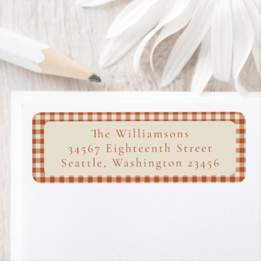 Rustic Oranje Gingham Schotlandruit Retouradres Etiket (Insitu)