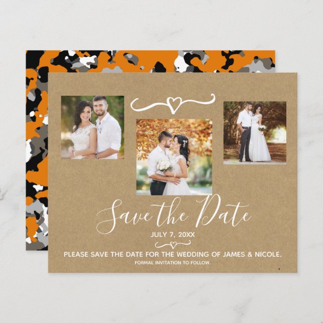 Rustic Oranje Gray Camo Kraft Photo Save the Date (Voorkant / Achterkant)