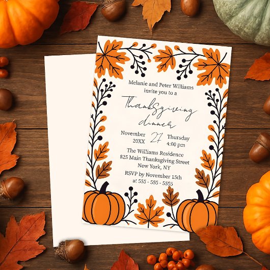 Rustic Oranje Pompoen Herfstbladeren Thanksgiving Kaart