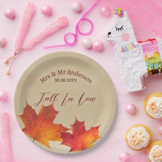 Rustic Oranje Verliefd Bladeren Herfst Bruiloft Papieren Bordje (Feest)