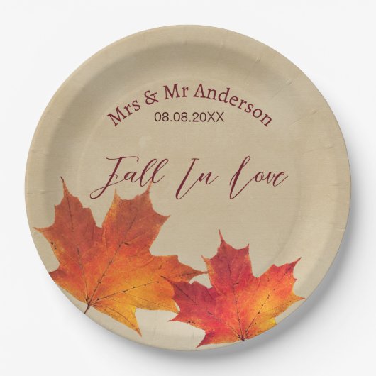 Rustic Oranje Verliefd Bladeren Herfst Bruiloft Papieren Bordje (Voorkant)