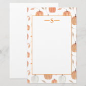Rustic Oranje Witte Pompoenen Herfstbladeren Monog Briefpapier (Voorkant / Achterkant)