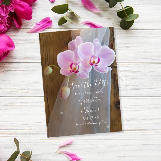 Rustic Orchid Elegance Barn Wedding Save the Date Kaart