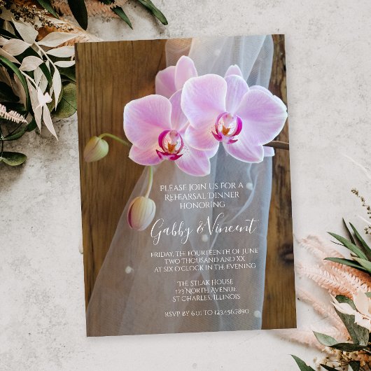 Rustic Orchid Elegance Ranch Rehearsal Dinner Kaart