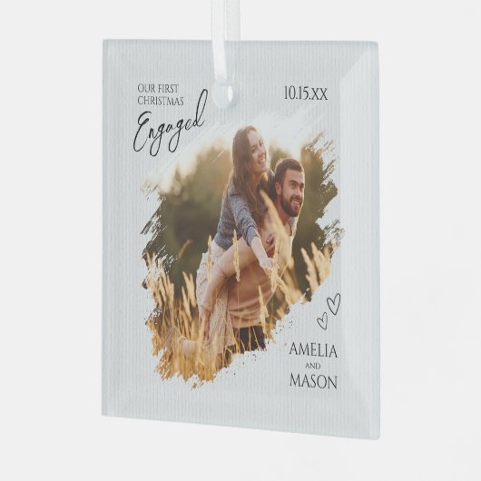 Rustic Our First Christmas Engaged Photo Christmas Glas Ornament (Voorkant links)