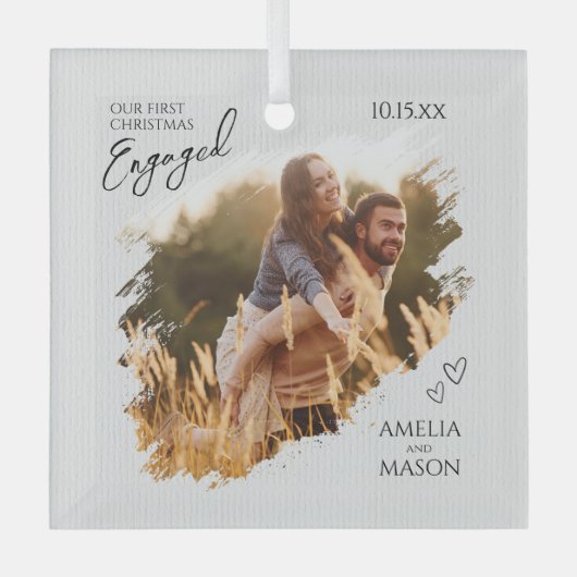 Rustic Our First Christmas Engaged Photo Christmas Glas Ornament (Voorkant)