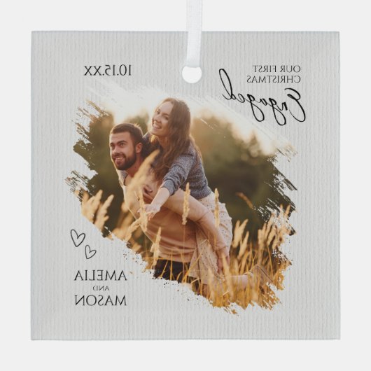 Rustic Our First Christmas Engaged Photo Christmas Glas Ornament (Achterkant)