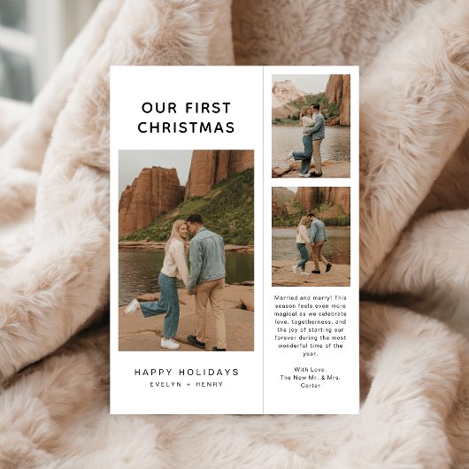 Rustic Our First Christmas Photo Modern Newlywed Feestdagenkaart