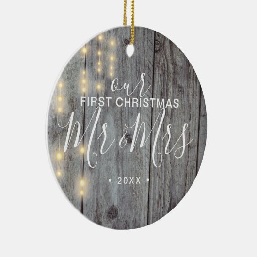 Rustic Our First Kerstman Mr Mrs Photo Keramisch Ornament (Rechts)