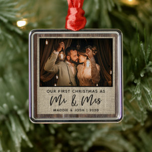Rustic Our First Kerstman Mr & Mrs Photo Ornament