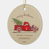 Rustic Our First Kerstred Truck Name Photo Keramisch Ornament (Links)