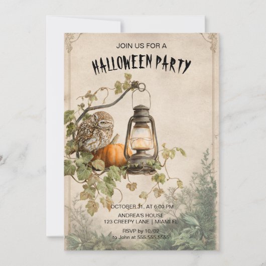 Rustic Owl en Lantern Halloween Party Uitnodiging (Voorkant)