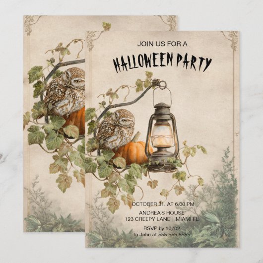 Rustic Owl en Lantern Halloween Party Uitnodiging (Voorkant / Achterkant)