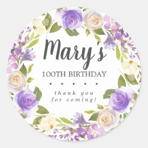 Rustic Paars Floral 100th Birthday Dank je wel Ronde Sticker