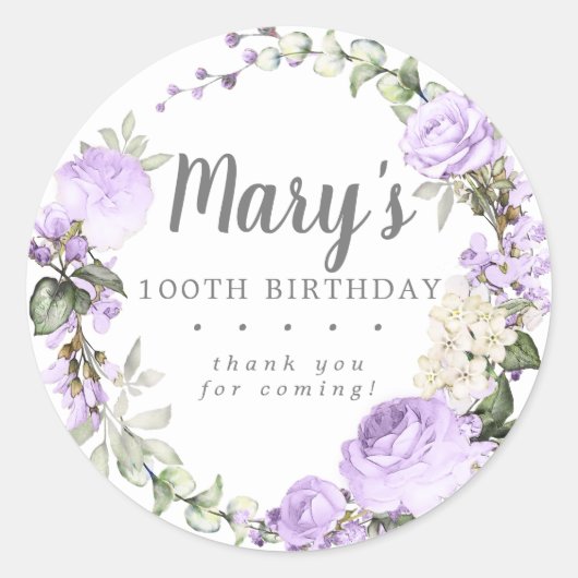 Rustic Paars Floral 100th Birthday Dank je wel Ronde Sticker (Voorkant)