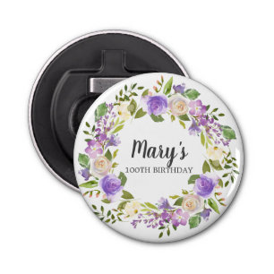 Rustic Paars Floral 100th Birthday Favor Button Flesopener