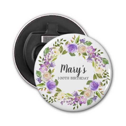 Rustic Paars Floral 100th Birthday Favor Button Flesopener (Voorkant)