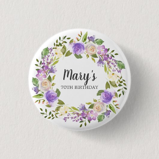 Rustic Paars Floral 70th Birthday Button (Voorkant)