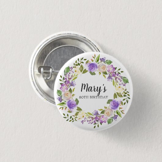 Rustic Paars Floral 80th Birthday Button (Voorkant /achterkant)