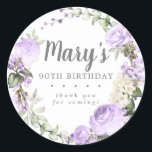 Rustic Paars Floral 90th Birthday Hartelijk dank Ronde Sticker<br><div class="desc">Zachte paarse rozen en felle paarse toppen creëer een prachtig rustieke bloemenkrans. Witte hortensia's bij de bloesem. De naam van de vrouw is geschreven in een groot script lettertype. 90ste verjaardag en het dankgevoel volgen. Deze sticker maakt deel uit van het 90ste Verjaardag Violette collectie. Het bevat veel doe-het-zelf-sjablonen waarmee...</div>