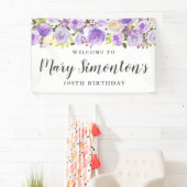 Rustic Paars Floral Greenery 100th Birthday Spandoek (Insitu)