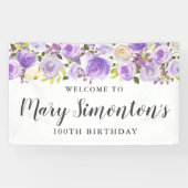 Rustic Paars Floral Greenery 100th Birthday Spandoek (Horizontaal)